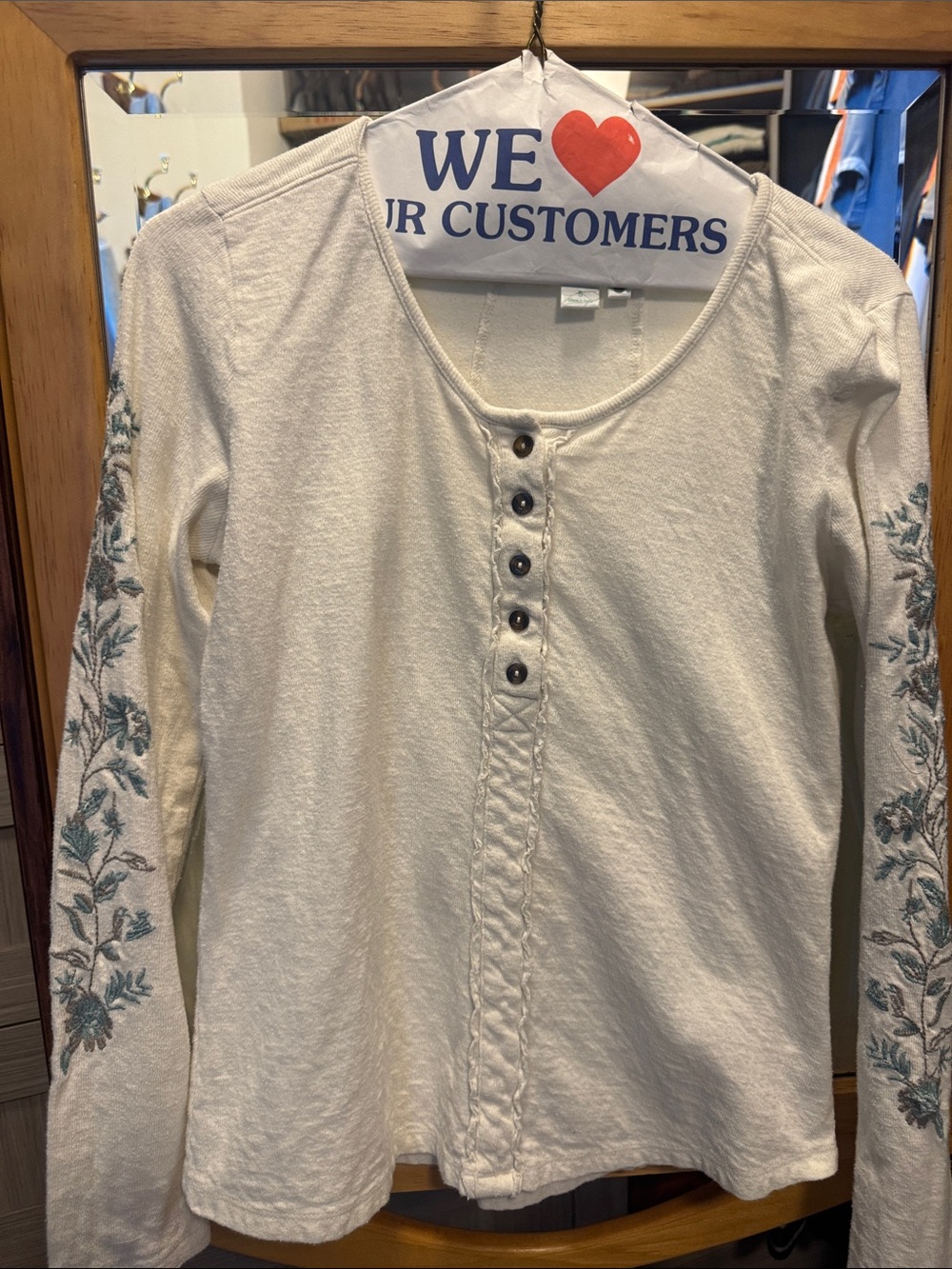 Aventura Cream Long-Sleeve Henley with Blue Floral Sleeve Embroidery